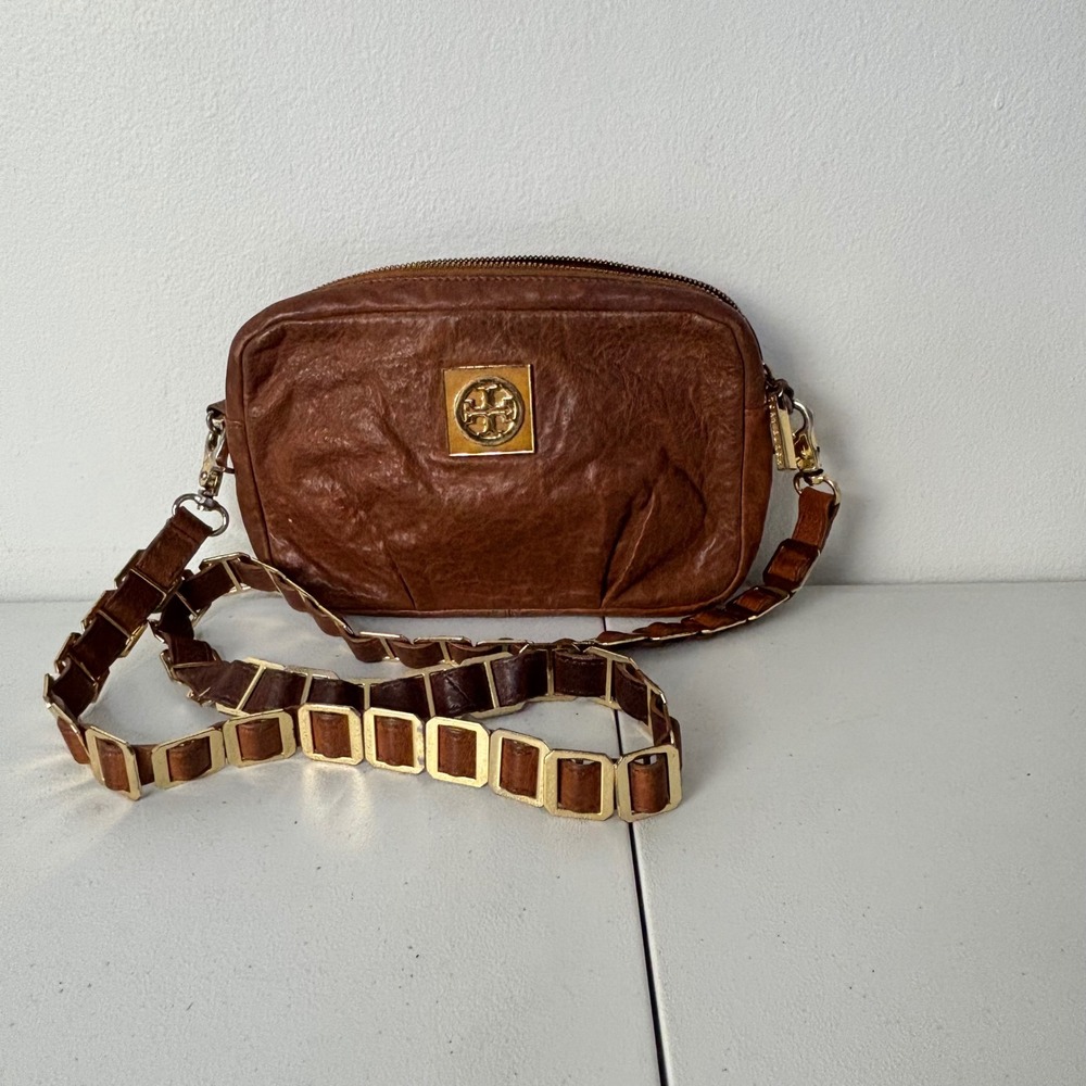Vtg Tory Burch Amanda Brown Distressed Leather Crossbody Bag Zip Top Chain Strap